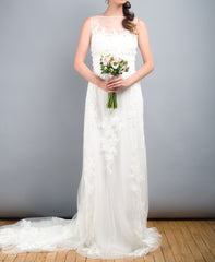 Pronovias Distel Bateau Neckline Lace Overlay Illusion Wedding Dress Front Wide