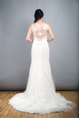 Pronovias Distel Bateau Neckline Lace Overlay Illusion Wedding Dress Back Wide