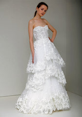 Monique Lhuillier Daisy Wedding Dress Lace Strapless Beaded Floral Applique Tiered A Line Front Wide