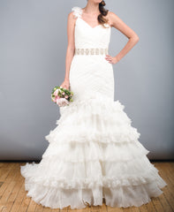 St. Patrick Rosana One Shoulder Wedding Dress White Ruffles Front Wide