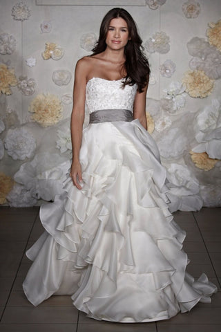Jim Hjelm Semi Sweetheart Ruffled Ball Gown with Platinum Sash
