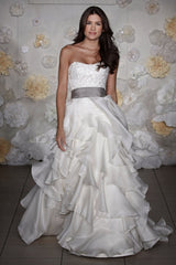 Jim Hjelm 
ivory 
silk satin
organza
ball gown
platinum sash
wedding dress
front wide