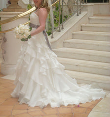 Jim Hjelm 
ivory 
silk satin
organza
ball gown
platinum sash
wedding dress