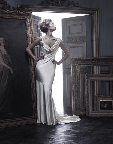 Casablanca Champagne Silk Draped Neckline Wedding Dress