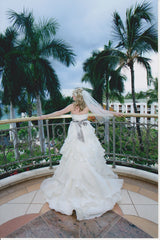 Jim Hjelm 
ivory 
silk satin
organza
ball gown
platinum sash
wedding dress