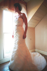 Priscilla of Boston Cascading Pleats Scalloped Wedding Dress Nude Sash Side Wide