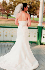 Priscilla of Boston Cascading Pleats Scalloped Wedding Dress Nude Sash Back Wide