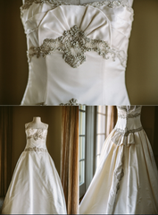 Kenneth Pool Majesty Ball Gown Satin Pleating Crystals Amsale Front Wide