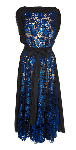 Vionnet Blue Metallic Lace & Silk Pleated Tea Length Party Dress