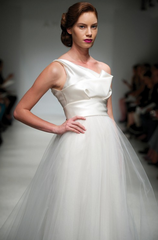 Amsale Parker One Shoulder Tulle Silk Wool Wedding Gown Architectural Front Wide