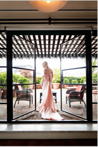 Oscar de la Renta Beaded Column Wedding Dress with Pink Bow