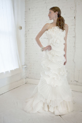 Marchesa Silk Asymmetric Pleated Ruffle Gown