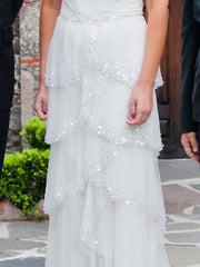 Jenny PackhamCascadeA-lineSweep trainSweetheartBeadingTulleWhiteWedding DressClose Up