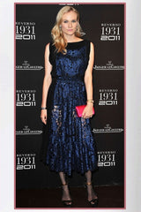 Vionnet Blue Metallic Lace & Silk Pleated Tea Length Party Dress Front Wide