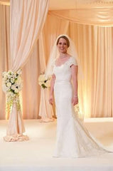 bliss monique lhuillier scoop neck mermaid lace wedding dress cap sleeve front wide