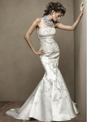 Lazaro Fit & Flare Beaded & Embroidered Trumpet Satin Front Wide