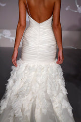 Jim Hjelm
Chiffon 
Crystal
Shirred
One Shoulder
Ivory
Strapless
Mermaid
V-back
Wedding Dress
Back wide