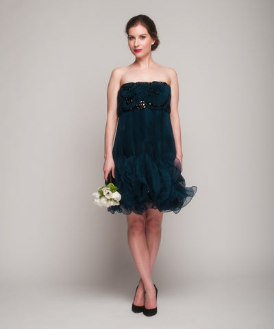 Marchesa Teal Knife Pleated Dress
