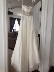 Lace Monique Lhuillier Bliss 0902 Wedding Dress A line silk organza cummerbund Back Hanging