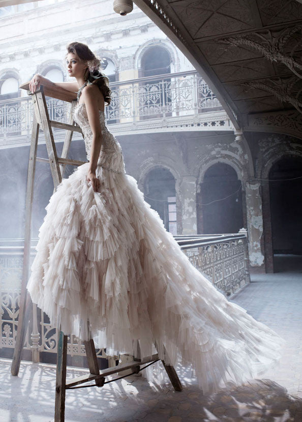 Lazaro Beaded Embroidered Wedding Dress with Shredded Tulle
