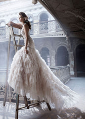 Lazaro Beaded & Embroidered Wedding Dress Satin Ivory Shredded Skirt Mermaid Front Wide