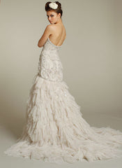 Lazaro Beaded & Embroidered Wedding Dress Satin Ivory Shredded Skirt Mermaid Back Wide