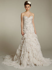 Lazaro Beaded & Embroidered Wedding Dress Satin Ivory Shredded Skirt Mermaid Front Wide
