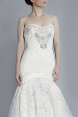 Priscilla of Boston Platinum PL169 Lace Crystal Gown front up close