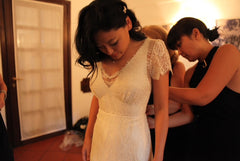 Selia Yang Lace Overlay Wedding Dress Cap Sleeve V Neck Front View
